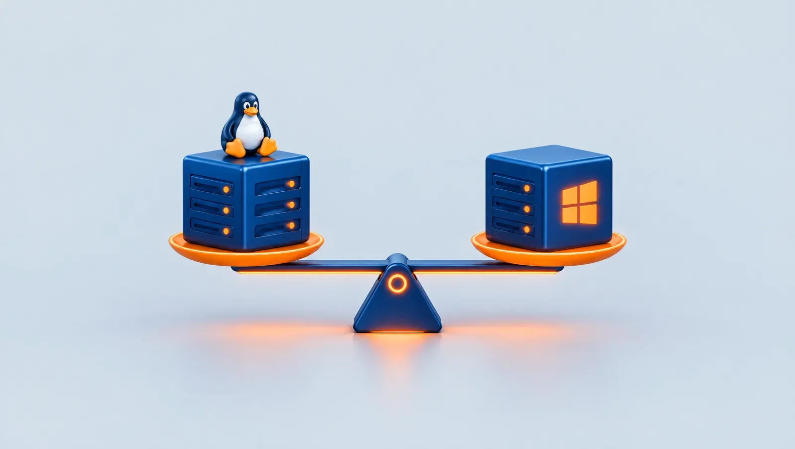 A balance scale between a Linux server and a Windows server